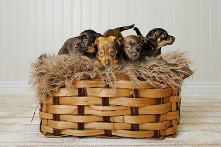 Brown and brindle Jack Russell puppies 6 weeks old on a rug in a basket. Wooden floor and white wooden background. Animal Themes, Selective Focus, Blur.の写真素材