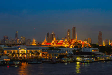 The beauty of the Golden palaces and phra keaw Temple ,The Chao Phraya River at night in Bangkok,...