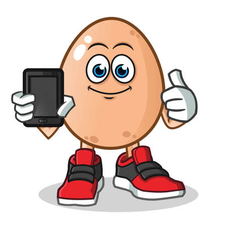egg holding phone mascot vector cartoon illustrationのイラスト素材
