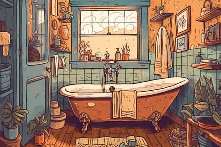 a bathroom with a big tub and relaxing colors
. generative AIの素材