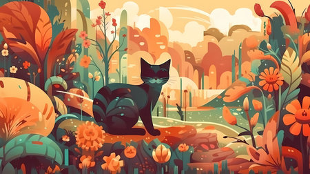 A  cat in whimsical garden with colorful flowers
. generative AIの素材