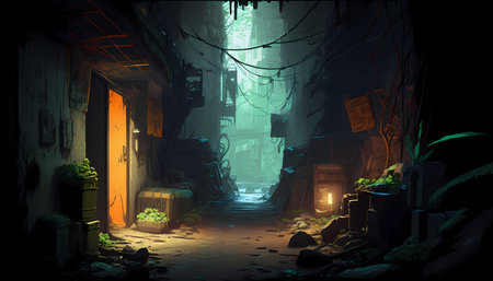 A dingy alleyway with flickering neon lights
. generative AIの素材