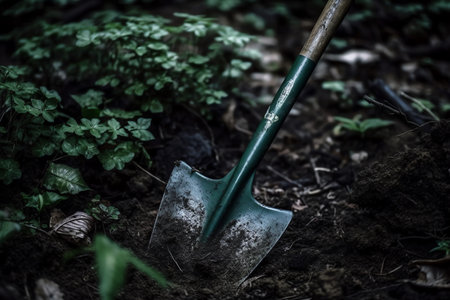 A green garden spade stuck in the soil
. generative AIの素材