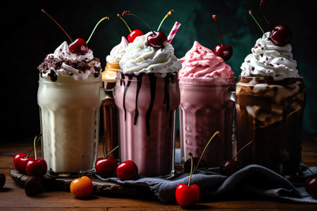 A group of colorful milkshakes with whipped cream
. generative AIの素材