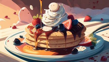 A plate of fluffy pancakes with syrup and fresh berries
. generative AIの素材