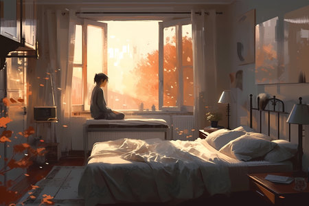 a sad person in a cozy bedroom
. generative AIの素材