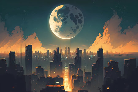 A sky with a full moon rising over a city skyline
. generative AIの素材