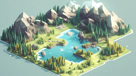 A serene mountain lake Isometric style
. generative AIの素材
