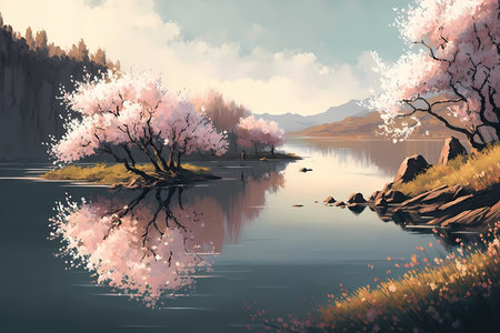 A serene lake surrounded by cherry blossom
. generative AIの素材