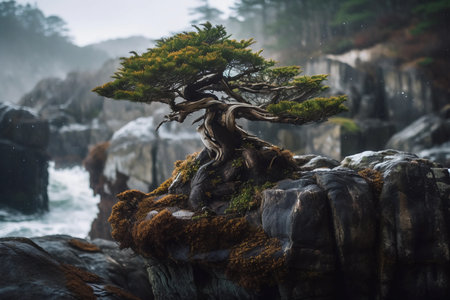 A small bonsai tree perched on a rocky cliff
. generative AIの素材
