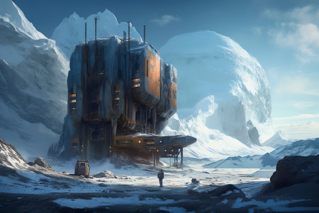 A solitary research station surrounded by icy cliff
. generative AIの素材