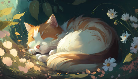 A small kitten sleeping peacefully in a bed of flowers
. generative AIの素材