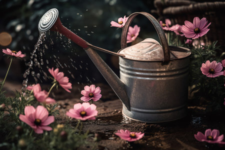 A pink watering can pouring water onto flowers
. generative AIの素材