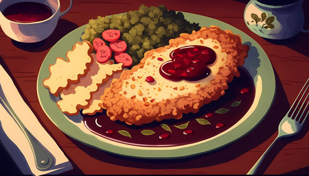 crispy schnitzel, served with potatoes
. generative AIの素材