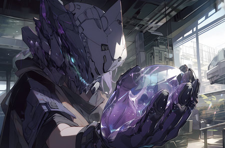 A robotic hand holding a glowing purple crystal, anime.jpg
. generative AIの素材