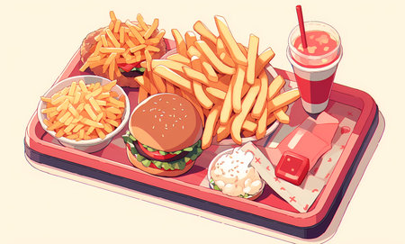 Hamburger and fries on a red tray, anime art style
. generative AIの素材