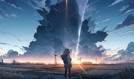 looking at a meteorite crashing into the earth, anime style.jpg
. generative AIの素材