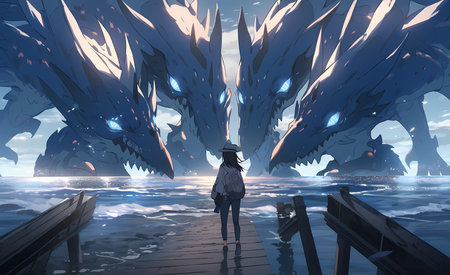 stands on the shore of a dark sea, anime style
. generative AIの素材