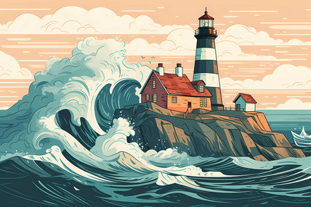 A lighthouse with crashing waves and a rocky shore
. generative AIの素材