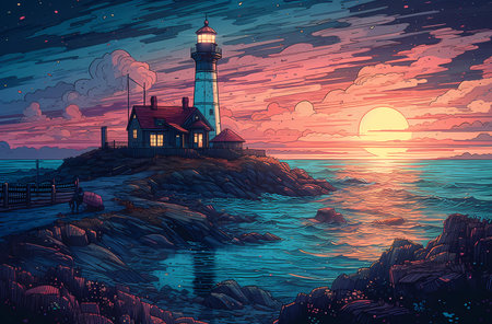 the lighthouse near the beach, colorful landscape
. generative AIの素材