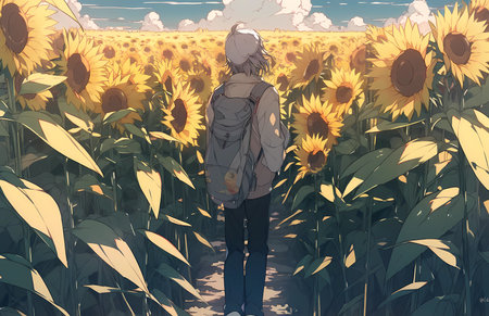 standing in the middle of a field of sunflowers, anime style
. generative AIの素材