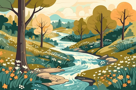 A forest with a babbling brook and wildflowers
. generative AIの素材