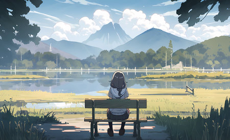 sitting on a bench by a lake, anime style
. generative AIの素材
