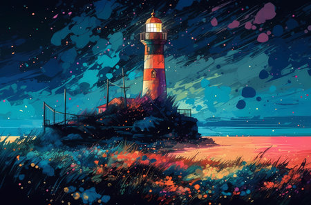 the lighthouse near the beach with stars in the background
. generative AIの素材