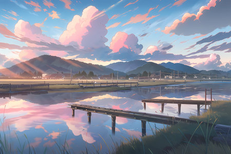 A serene japan lake surrounded by rolling hills
. generative AIの素材