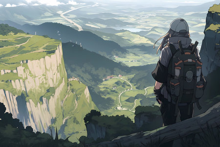 standing at the edge of a mountain cliff, anime style
. generative AIの素材