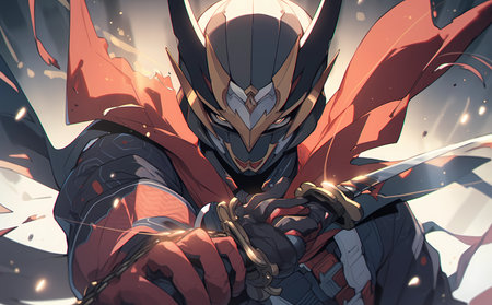 future ninja with sleek red cloth and kniveの素材