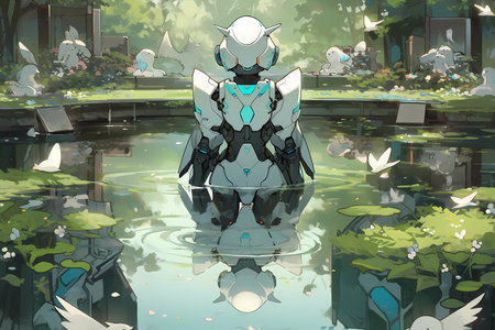 a robot, surrounded by a peaceful pond with lily padsの素材
