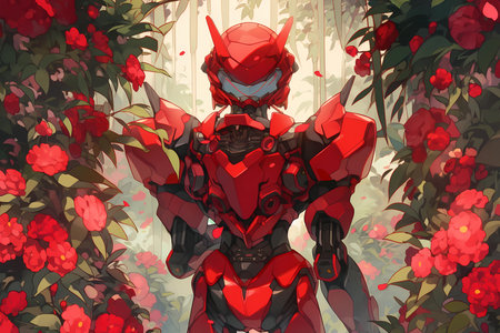 cyber punk, surrounded by a lush garden of red rosesの素材