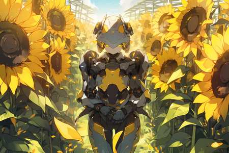 humanoid robot surrounded by sunflowersの素材
