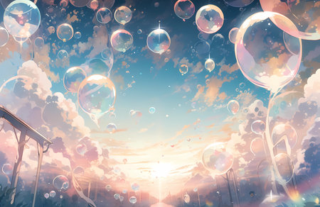 a planet surrounded by floating bubbles of rainbowの素材