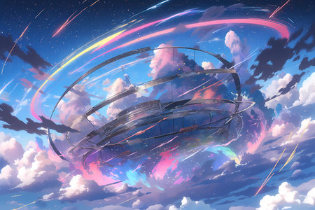 swirling rainbow clouds, surrounded by a constellation of neon starsの素材