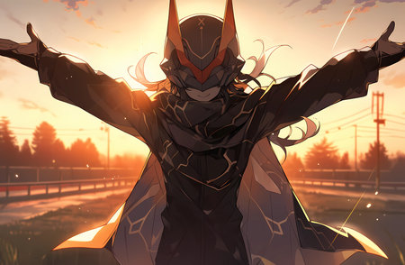 a man standing with arms outstretched, anime styleの素材