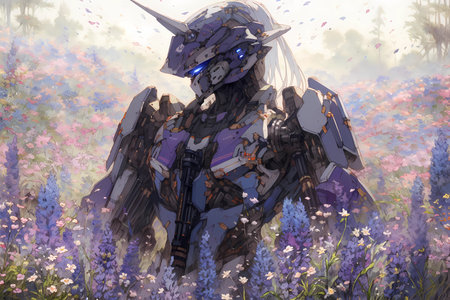 a robot surrounded by a sprawling field of purple irisesの素材