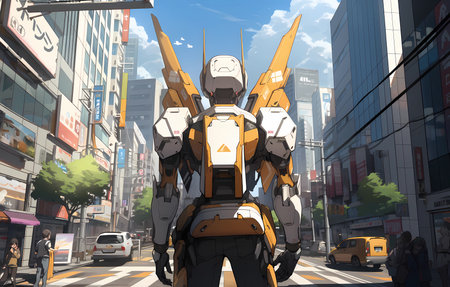 a man looking at a bustling downtown in the futureの素材