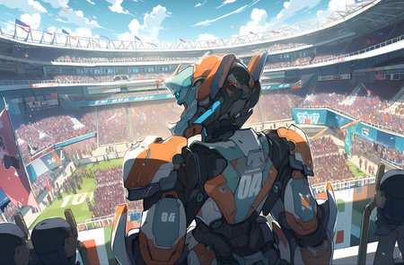 a future scene of a man looking at a crowded stadiumの素材