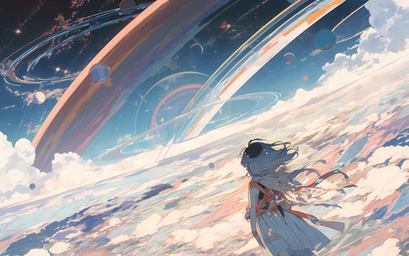 breathtaking view of a vividly colored planet with ringsの素材