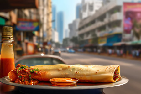 an Indian masala dosa with sambar and chutney
. generative AIの素材