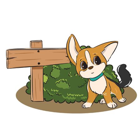 brown cute dog on wood sign bush vectorのイラスト素材