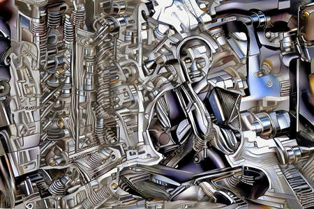 Stylized digital AI-generated artwork depicting a buddhist monk sitting cross-leged while meditating in a retrofuturist industrial-like machine art style.の写真素材