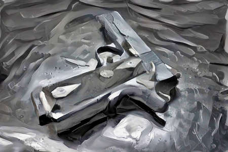 Slightly abstract black and white painting of a semi-automatic pistol lying on the ground.の写真素材