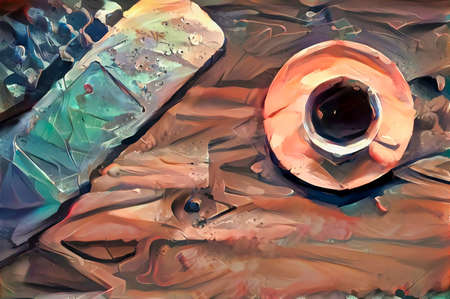Artsy topview painting of a tidy home office workspace featuring a coffee and laptop.