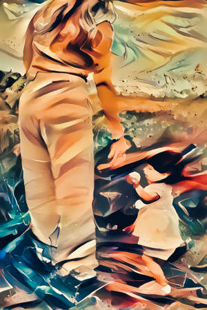 Stylized slightly abstract digital painting of a mother and her child.の写真素材