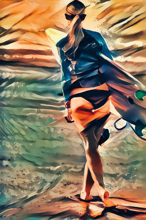 Stylized digital painting of a female surfer walking on a beach while carrying her surfboard.