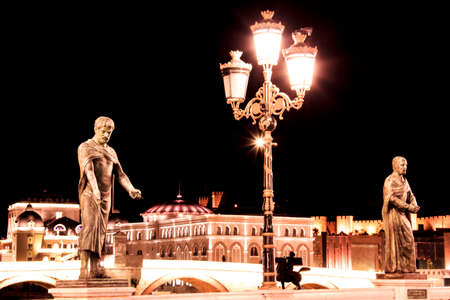 Evening streets and monuments in Skopje, Macedoniaの写真素材