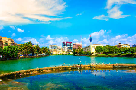 Beautiful view of the business center and the lake of the city of Colombo, Sri Lankaの写真素材